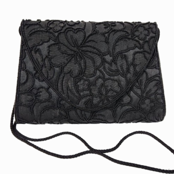 VTG Henry Birks Black Beaded Envelope Clutch Bag with Rope Shoulder Strap, 1990s - Picture 1 of 8